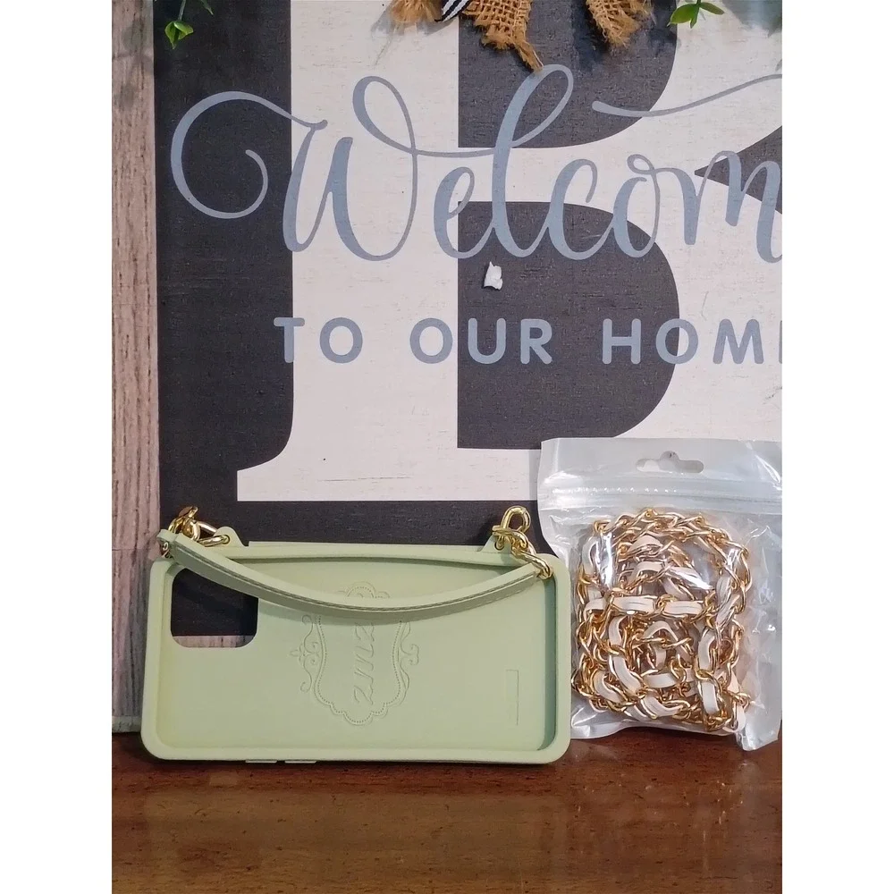 iPhone 12 12 Pro Case Quilted Mint Green Crossbody Chain Strap Hand Grip Cover